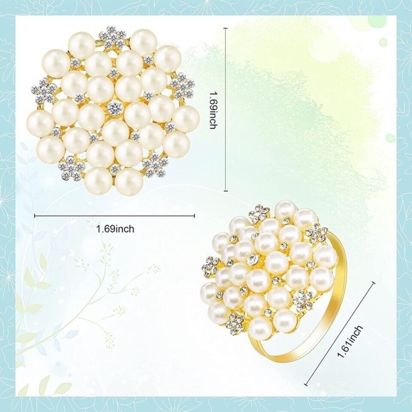 2 PCS Pearl Rhinestone Napkin Rings Holder Gems Holiday Decoration 1 ¾" x 1 ¾" - Picture 3 of 5